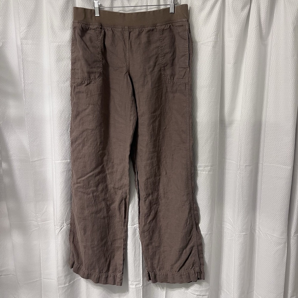 Stem Linen Wide Leg Brown Coastal Elastic Waist Pockets L Tall Lagenlook Artsy - Picture 2 of 7
